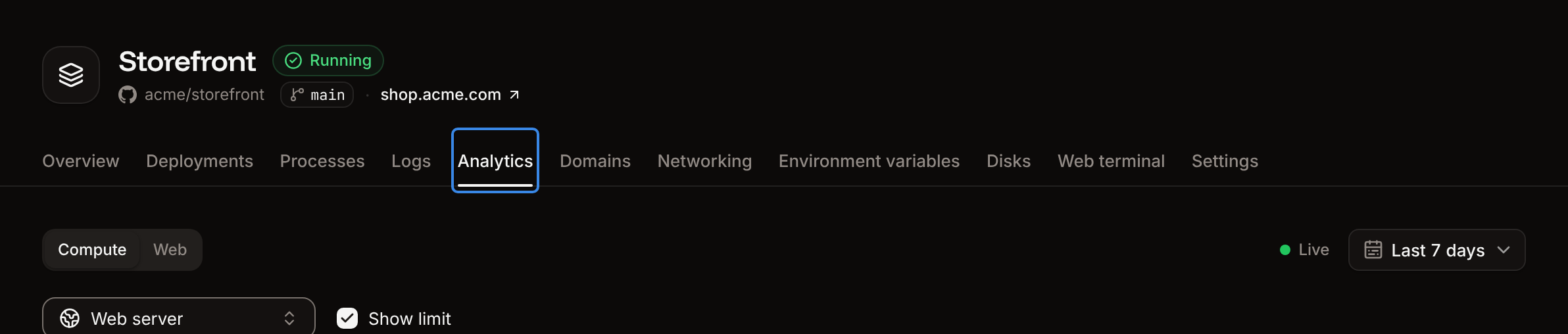 The Compute view of the Analytics tab over the last 7 days, with the process picker, Show limit and the CPU now, Memory now, Instances and Process size tiles
