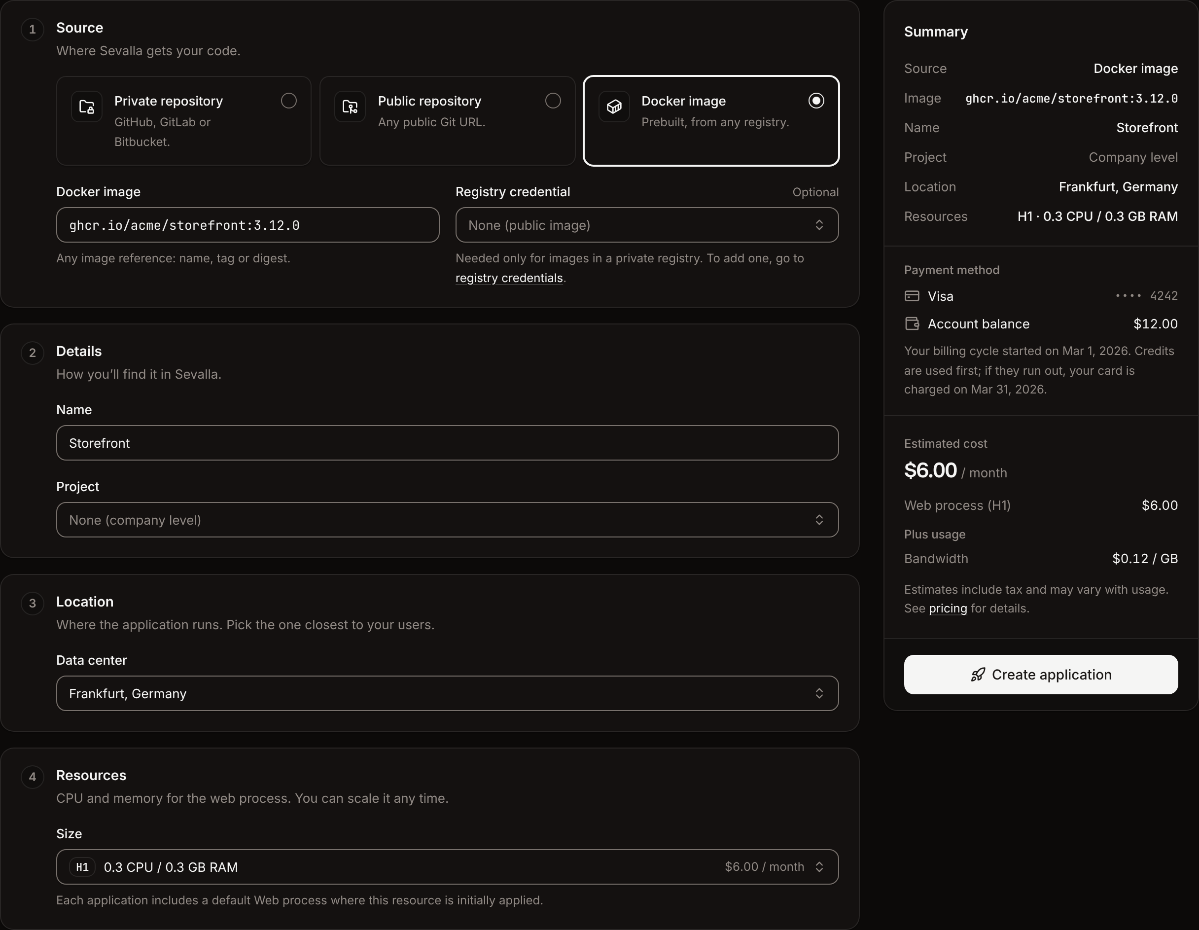 The Create an application form with the Docker image source, an image reference, the Registry credential set to None (public image), and the Summary