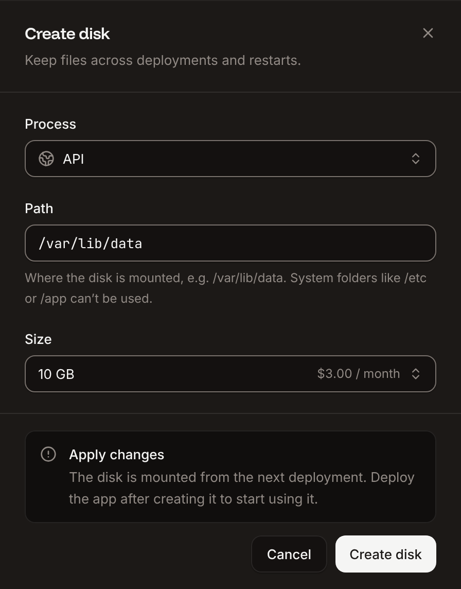 The Create disk sheet with the Process, Path and Size fields