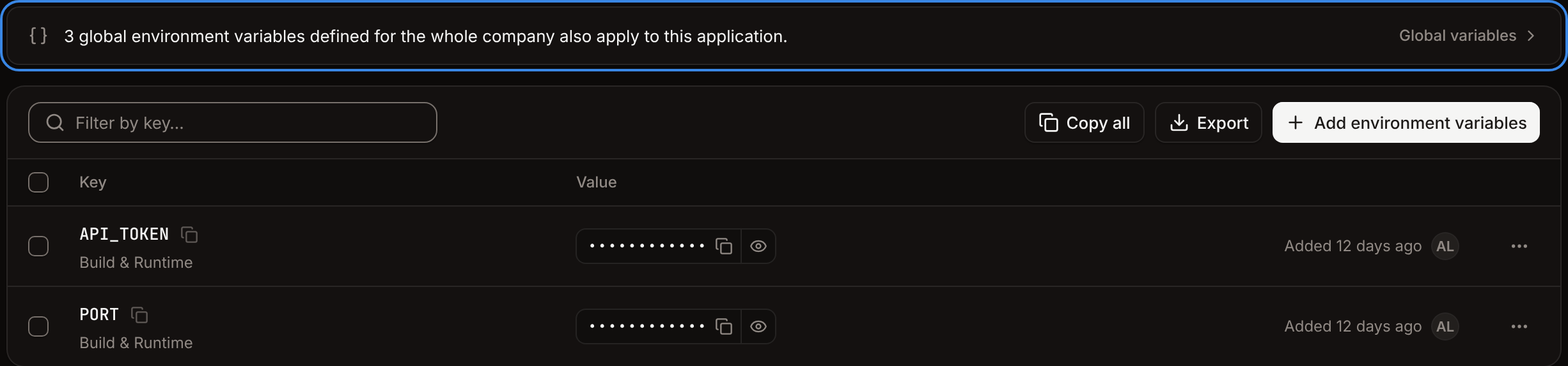 An application's environment variables, under a notice that 3 global environment variables also apply to it
