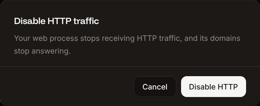 The Disable HTTP traffic dialog that asks to confirm with Disable HTTP