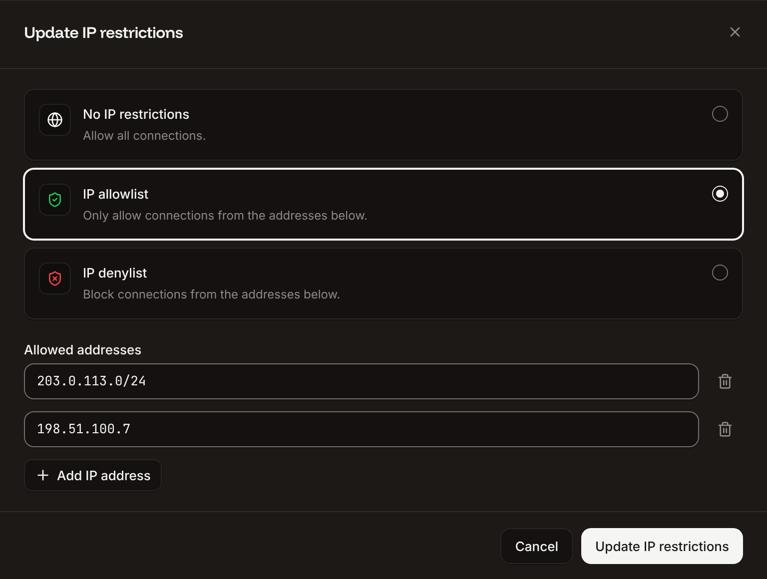 The Update IP restrictions sheet with the No IP restrictions, IP allowlist and IP denylist options and a list of addresses