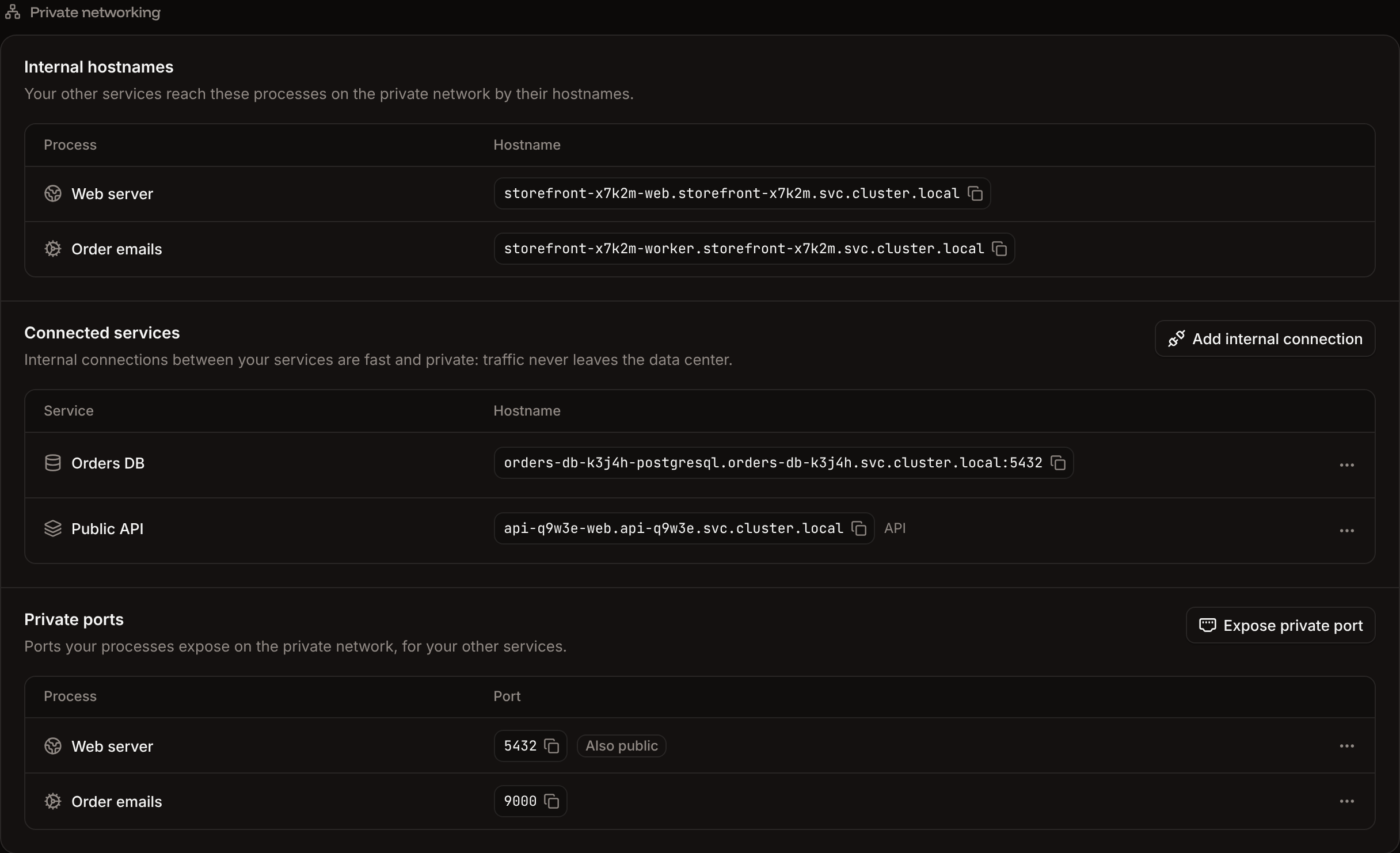 The Private networking section with the Internal hostnames, Connected services and Private ports lists