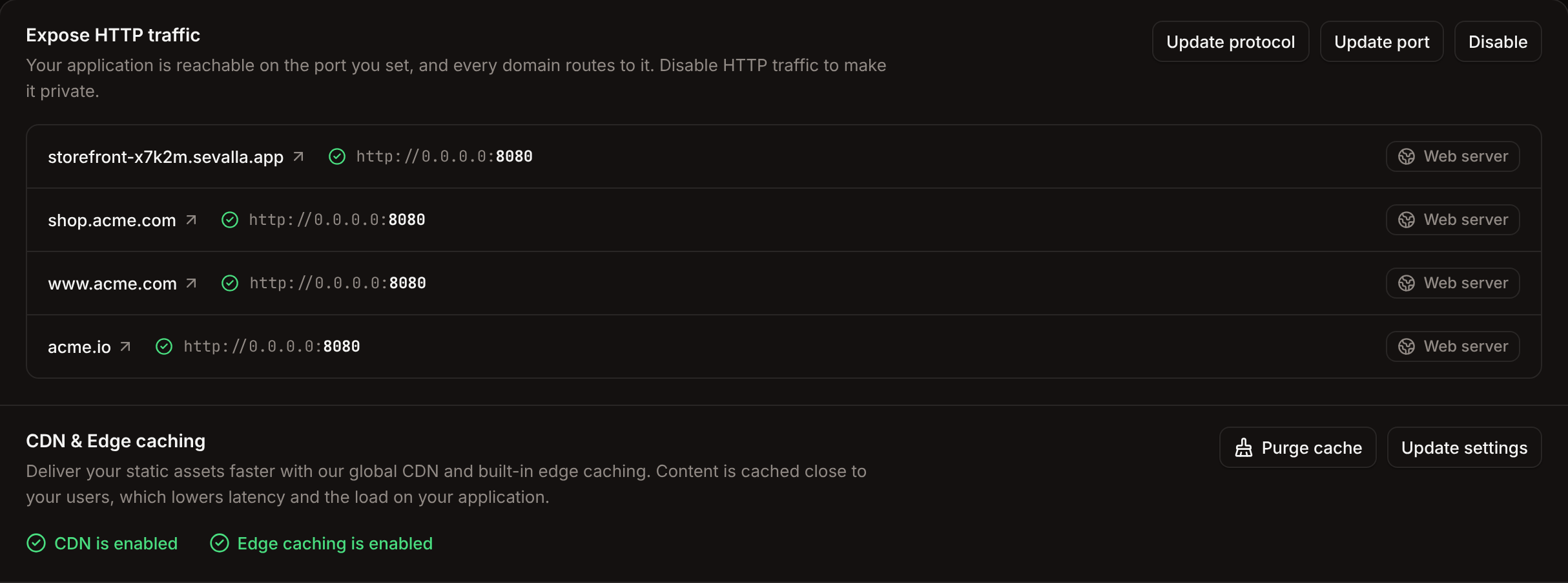 The Expose HTTP traffic section listing the application's domains on port 8080, above the CDN and edge caching section