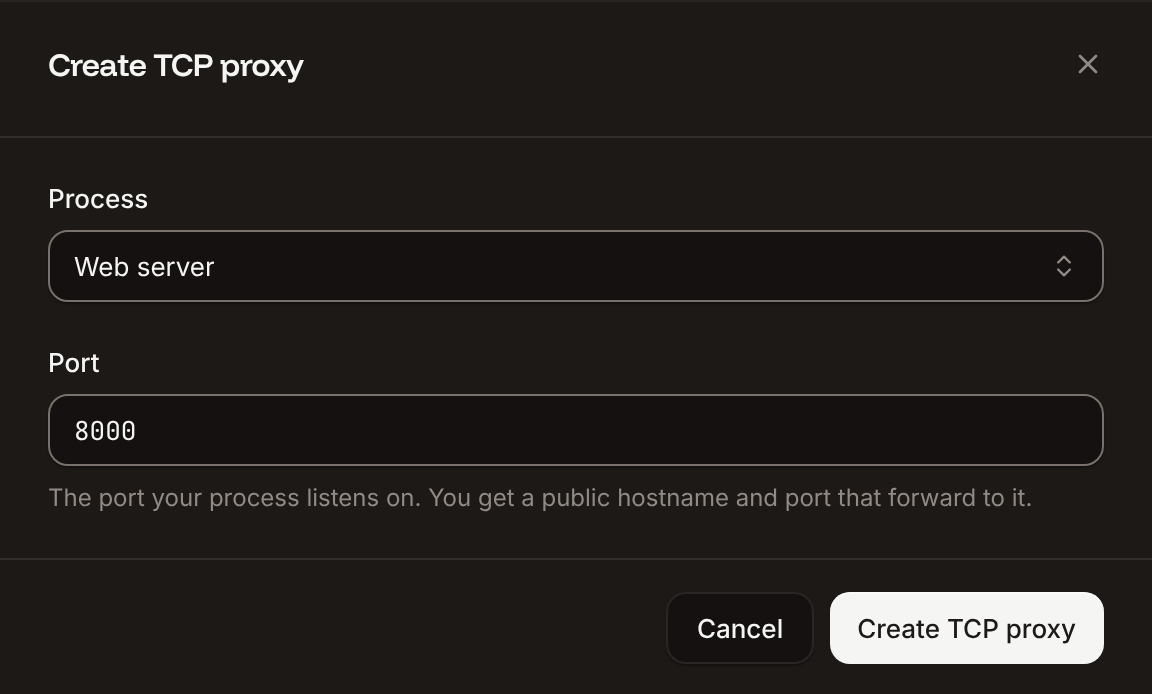 The Create TCP proxy sheet with a Process picker and a Port field set to 8000