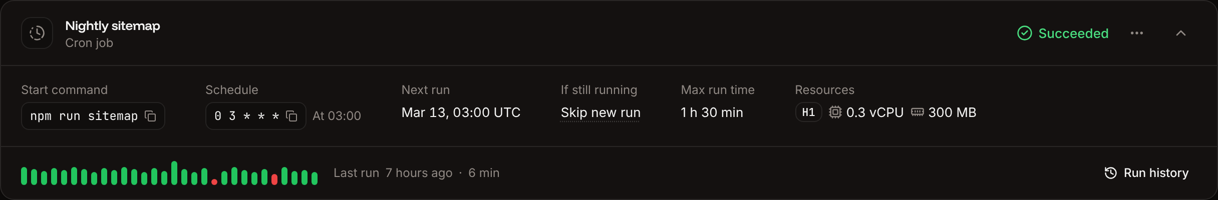 An expanded cron job card with a strip of its last 30 runs, when the last run ran and a Run history button