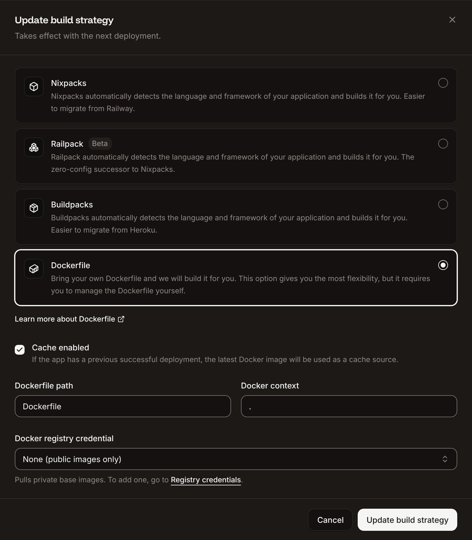 The Update build strategy sheet with Dockerfile selected, the Dockerfile path, the Docker context and the Docker registry credential