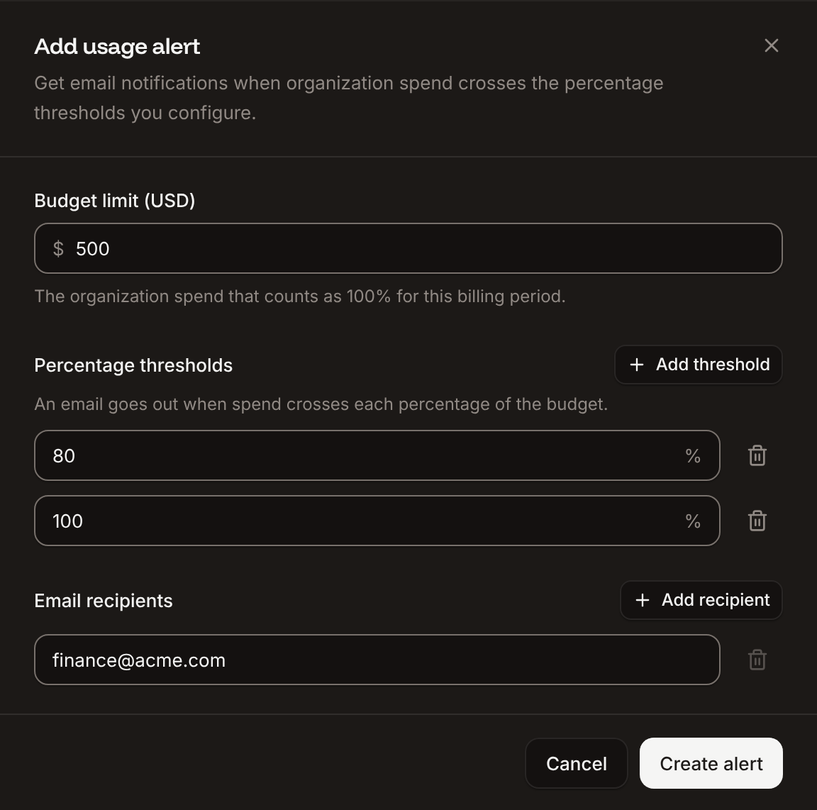 The Add usage alert sheet with a budget of 500 dollars, thresholds of 80 and 100 percent, and one email recipient