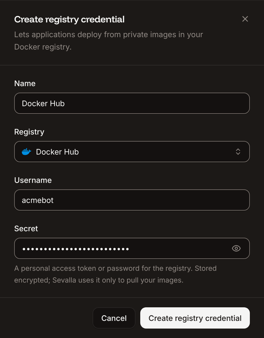 The Create registry credential sheet with the Name, Registry, Username and Secret fields