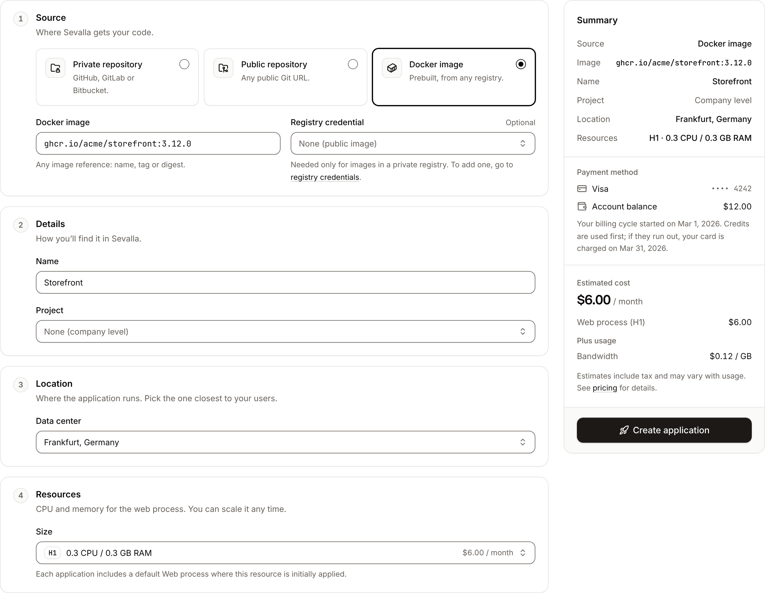 The Create an application form with the Docker image source, an image reference, the Registry credential set to None (public image), and the Summary