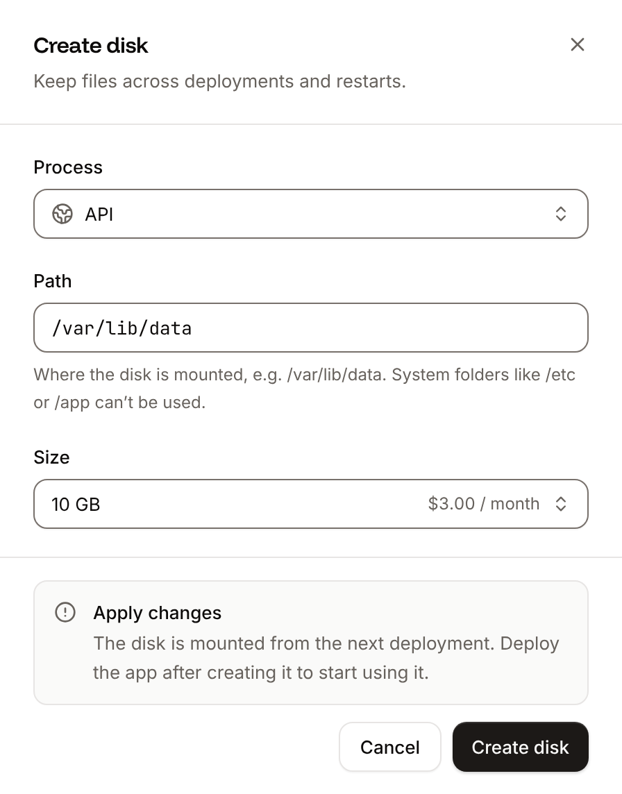 The Create disk sheet with the Process, Path and Size fields