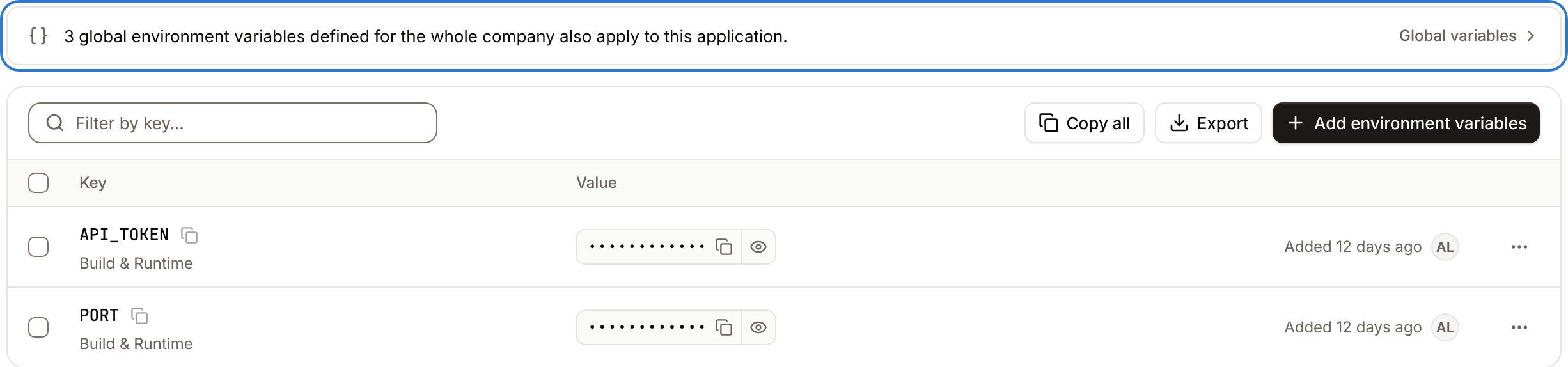 An application's environment variables, under a notice that 3 global environment variables also apply to it