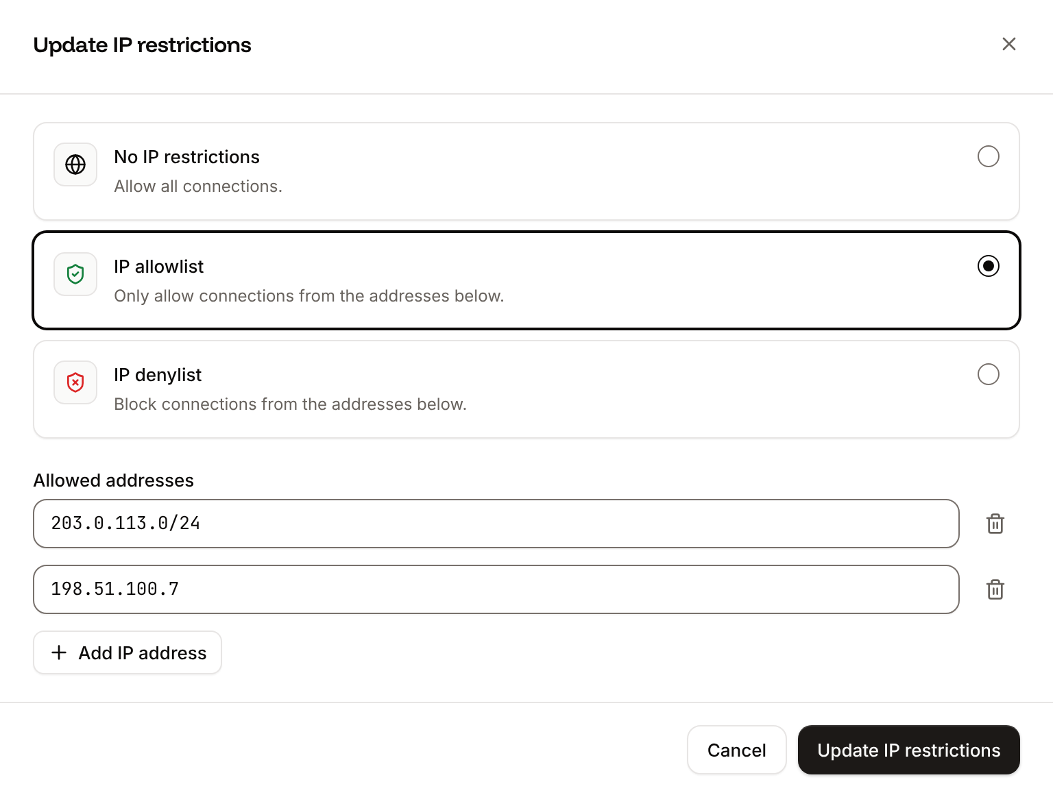 The Update IP restrictions sheet with the No IP restrictions, IP allowlist and IP denylist options and a list of addresses