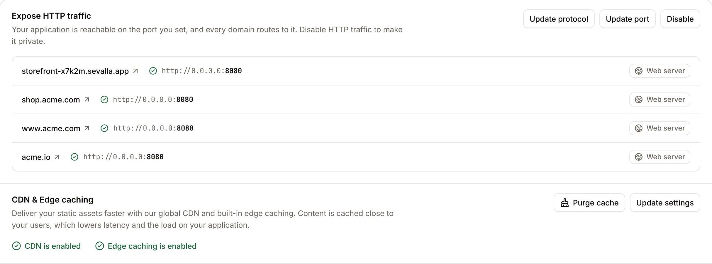 The Expose HTTP traffic section listing the application's domains on port 8080, above the CDN and edge caching section