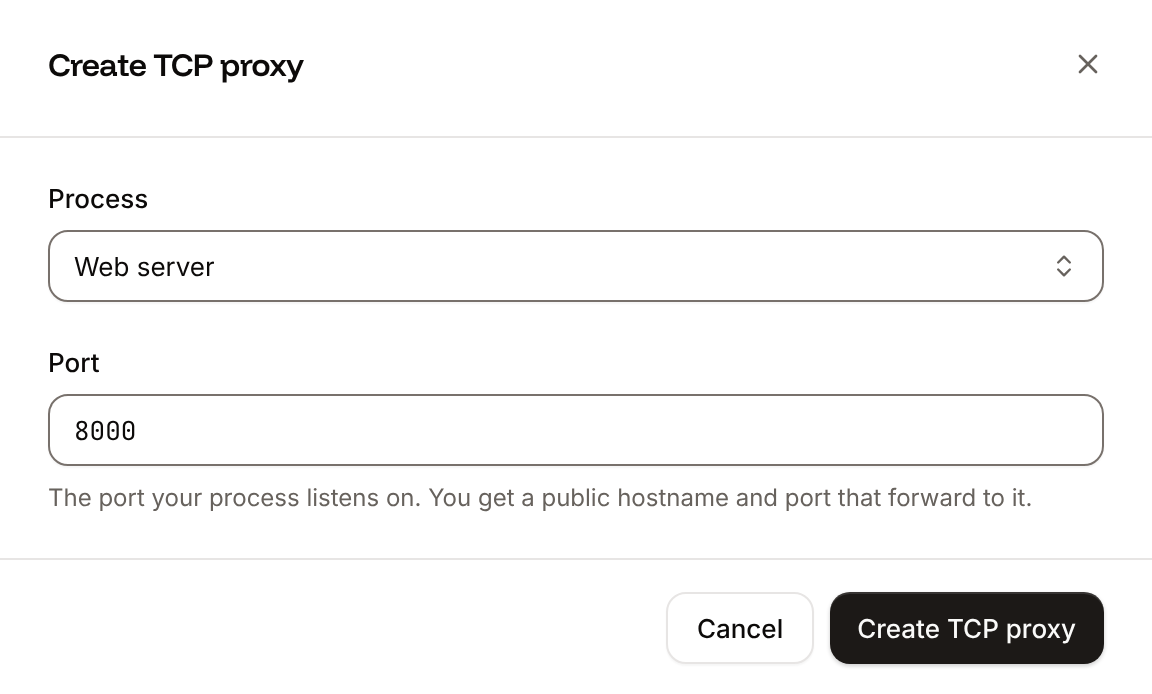 The Create TCP proxy sheet with a Process picker and a Port field set to 8000