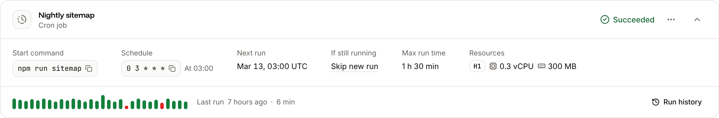 An expanded cron job card with a strip of its last 30 runs, when the last run ran and a Run history button
