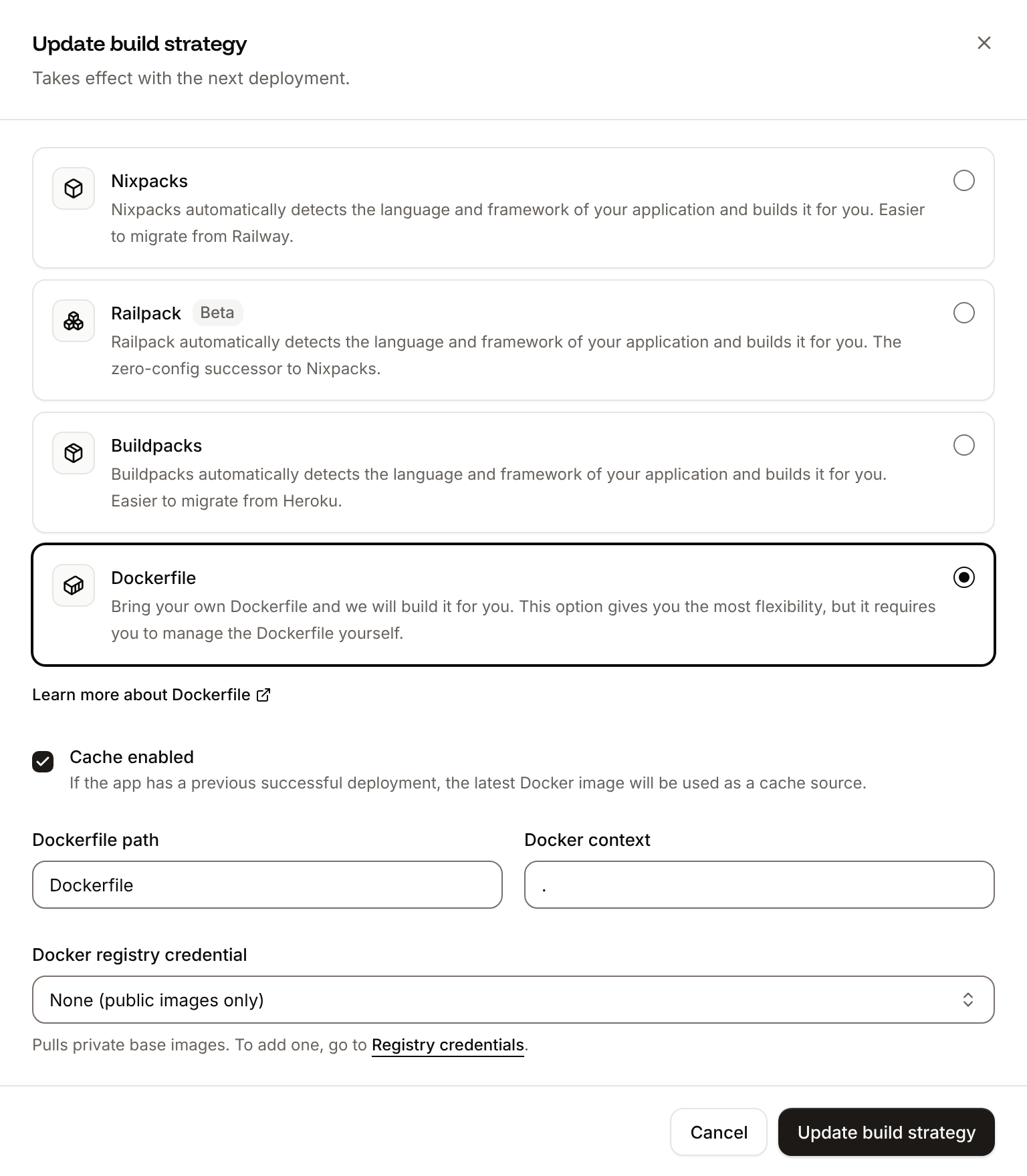 The Update build strategy sheet with Dockerfile selected, the Dockerfile path, the Docker context and the Docker registry credential