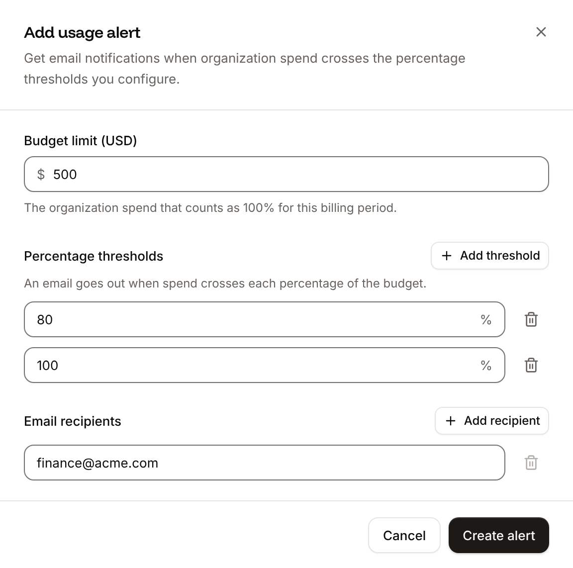 The Add usage alert sheet with a budget of 500 dollars, thresholds of 80 and 100 percent, and one email recipient