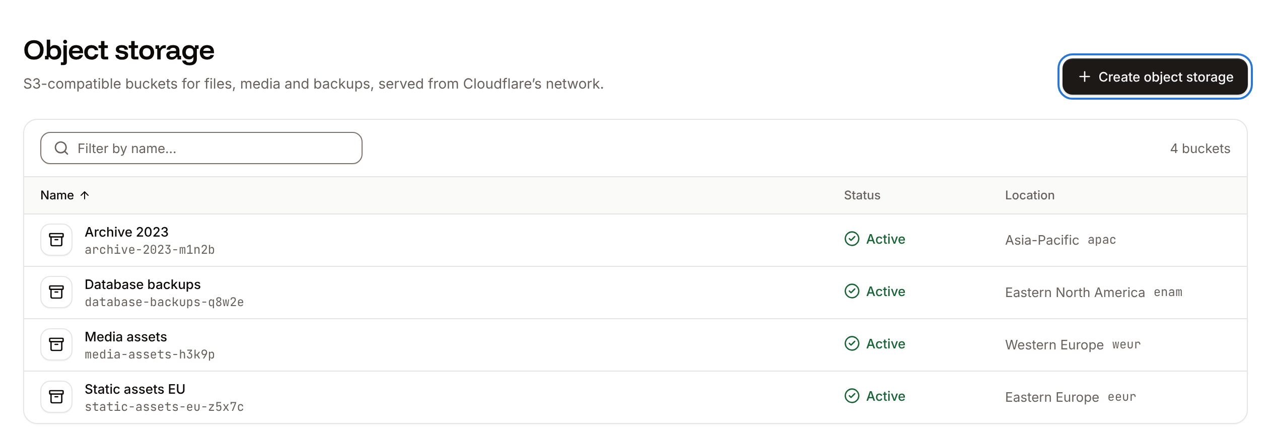 The Object storage list with each bucket's name, bucket name, status and location