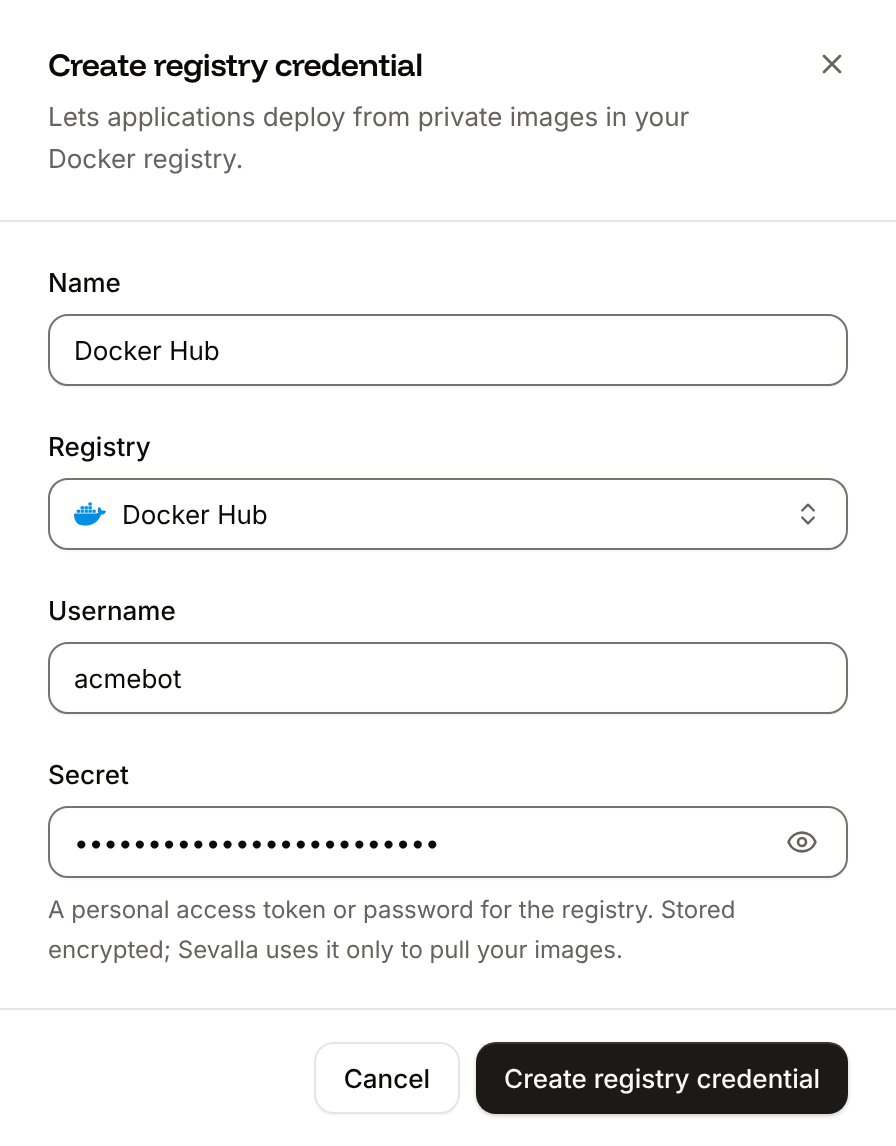 The Create registry credential sheet with the Name, Registry, Username and Secret fields